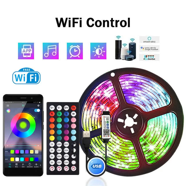 1-30M 5050 RGB LED Strip Light USB Bluetooth 44K Wifi App 5V LED Lights Flexible Luces Led Ribbon RGB TV BackLight Diode Tape