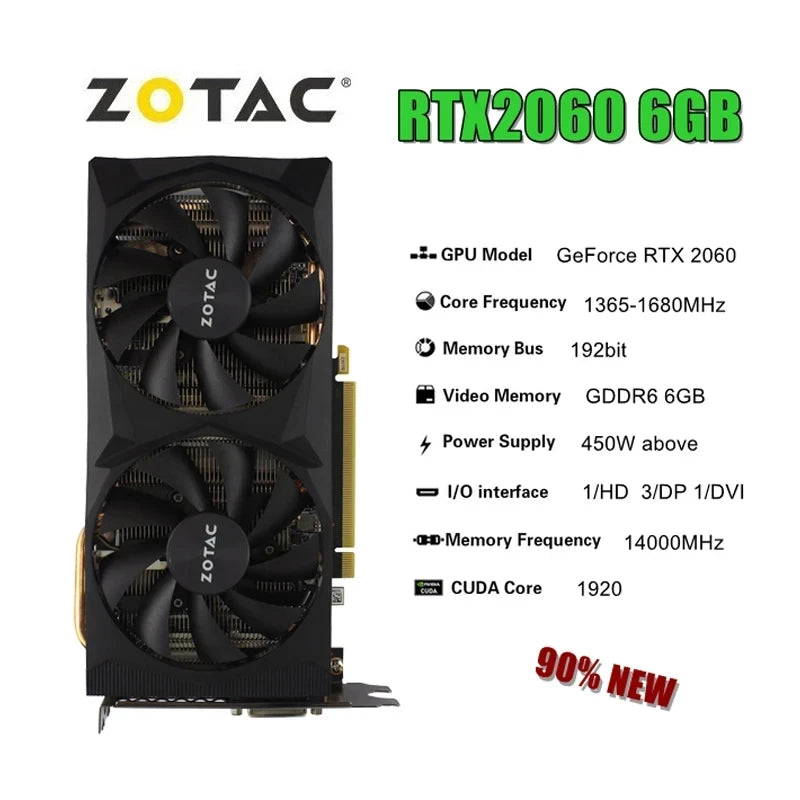 2024 Used ZOTAC RTX 2060 6GB Video Cards GPU RTX2060 GDDR6 192bit GAMING Graphic Card