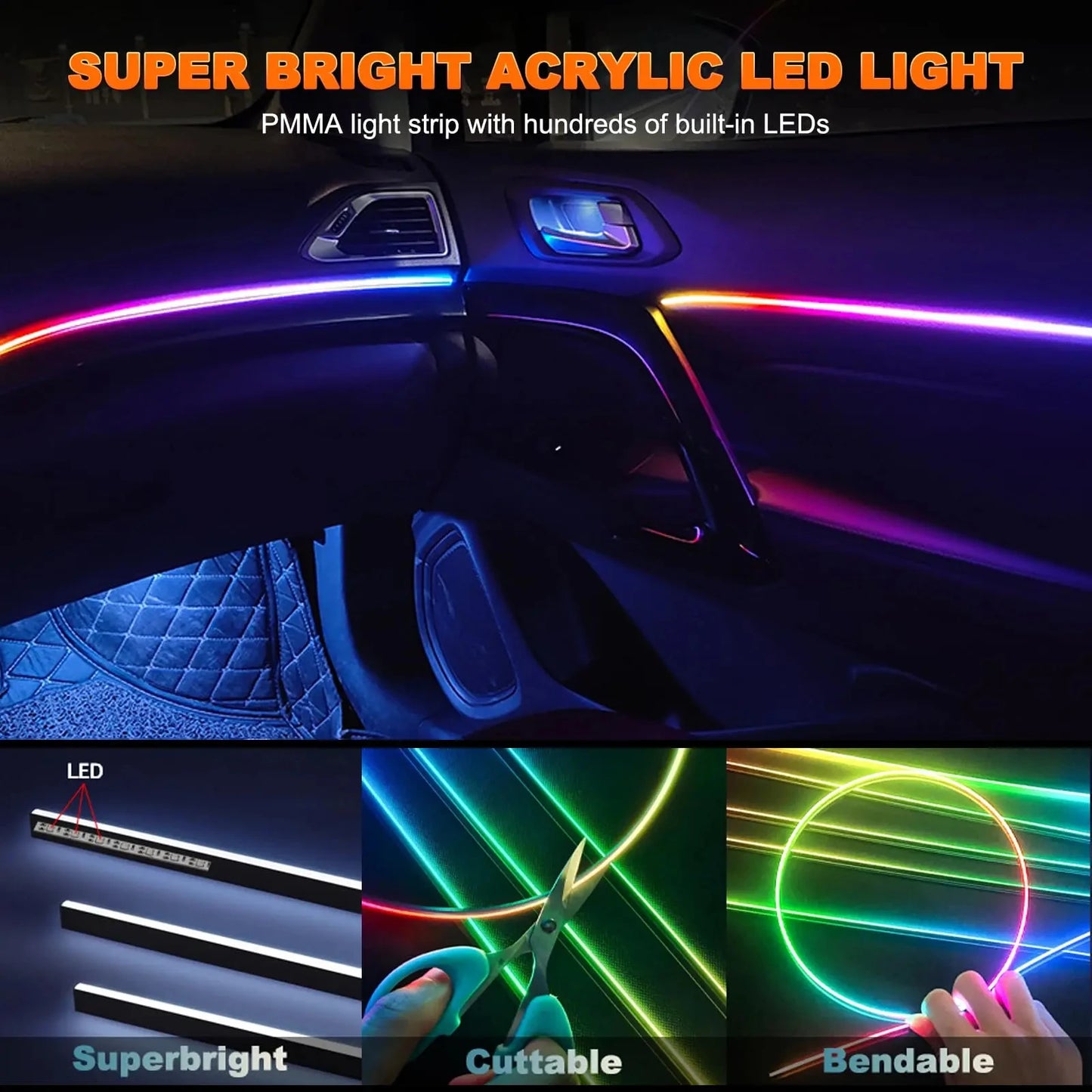 18/22 inch 213 64 Color Led Door Light Interior Rainbow Dashboard Acrylic Strip Rgb Kit Streamer Symphony Car Ambient Lighting