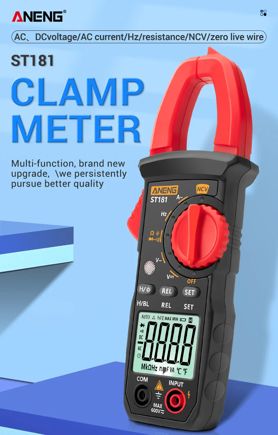 ANENG ST181 Digital Clamp Meter DC/AC Current 4000 Counts Multimeter Ammeter Voltage Tester Car Amp Hz Capacitance NCV Ohm Test