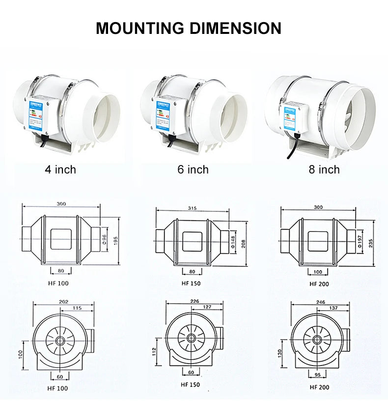 3"4"6"8" Exhaust Fan Home Silent Inline Pipe Duct Fan Bathroom 220V  Extractor Ventilation Kitchen Toilet Wall Air Cleaning