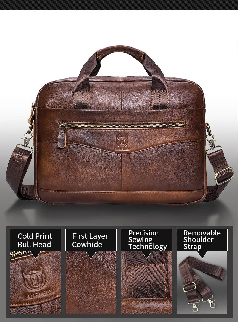 BULLCAPTAIN Briefcase Shoulder Messenger Bags Men's Genuine Leather 14-inch Laptop Bag's Men's Briefcase Office Business Handbag