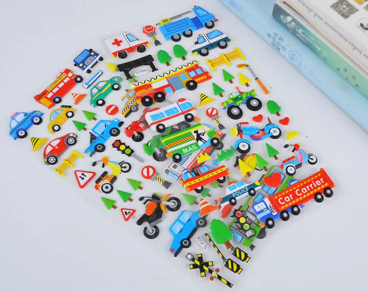 6 Sheets 3D Bubble Sticker Car Truck Plane Traffic Waterproof Cartoon Anime Stickers For Girl Boy Kids Funny Educational Toys