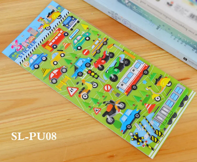 6 Sheets 3D Bubble Sticker Car Truck Plane Traffic Waterproof Cartoon Anime Stickers For Girl Boy Kids Funny Educational Toys