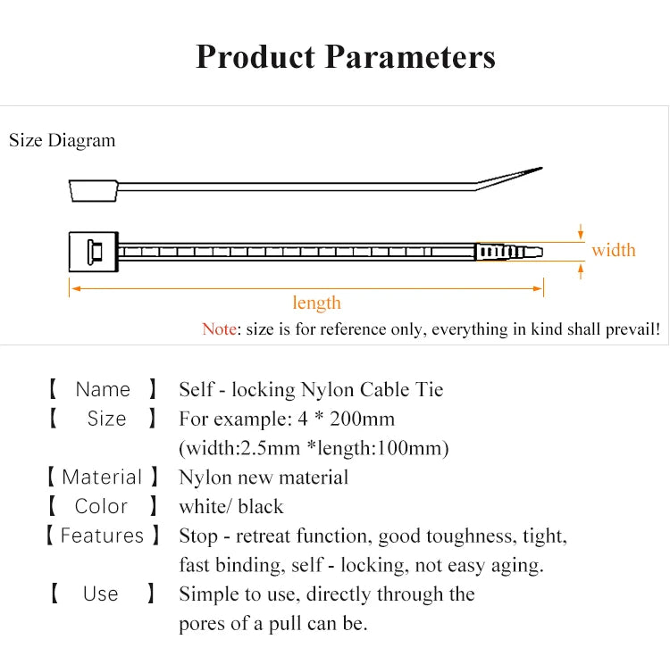 100pcs/bag cable tie Self-locking plastic nylon tie White Organiser Fasten Cable Wire Cable Zip Ties