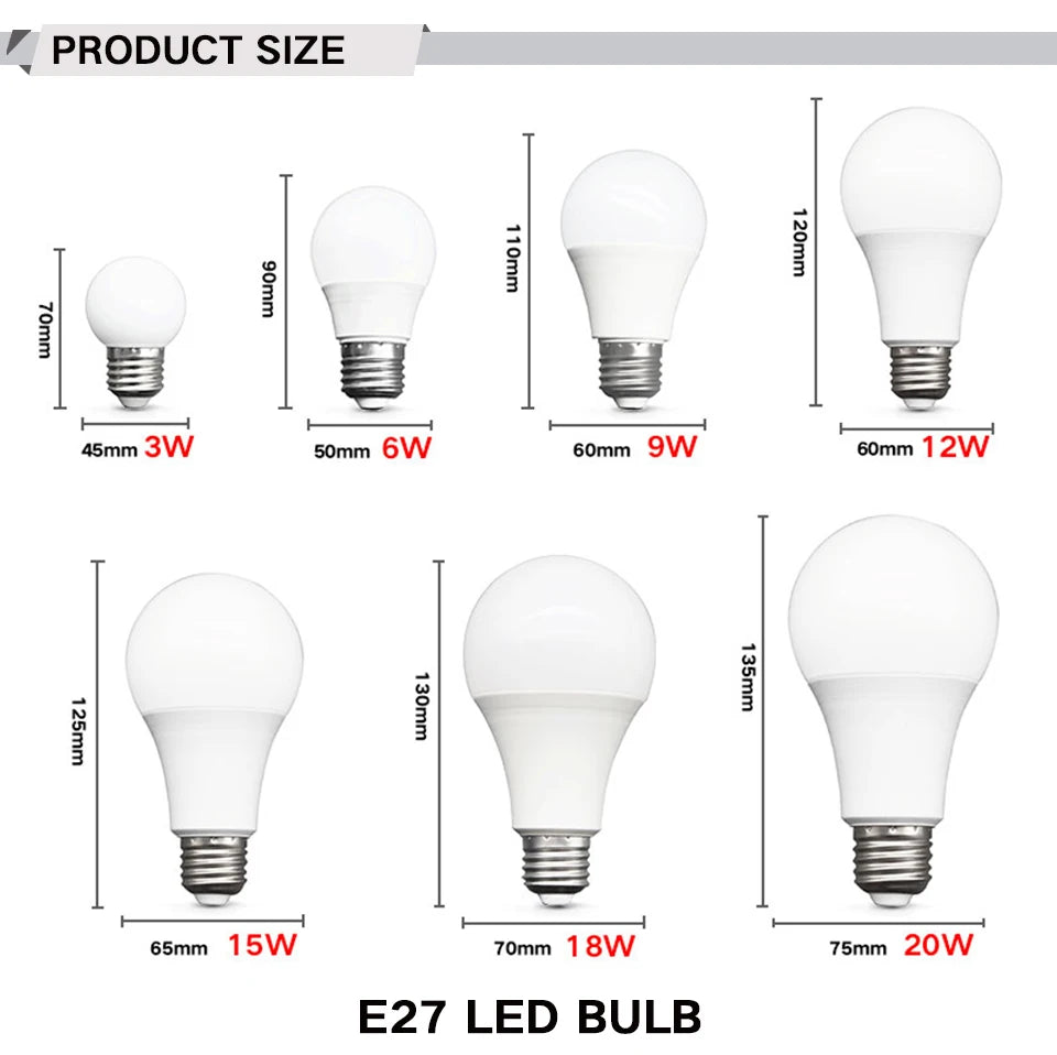 10pcs LED Bulb Lamps E27 AC220V 240V Light Bulb Real Power 20W 18W 15W 12W 9W 5W 3W Lampada Living Room Home LED Bombilla