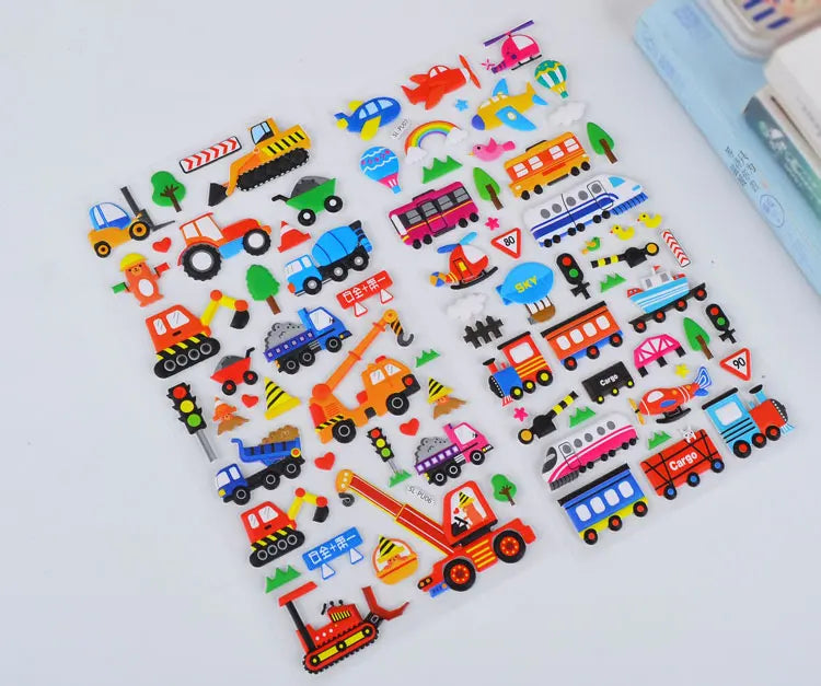 6 Sheets 3D Bubble Sticker Car Truck Plane Traffic Waterproof Cartoon Anime Stickers For Girl Boy Kids Funny Educational Toys