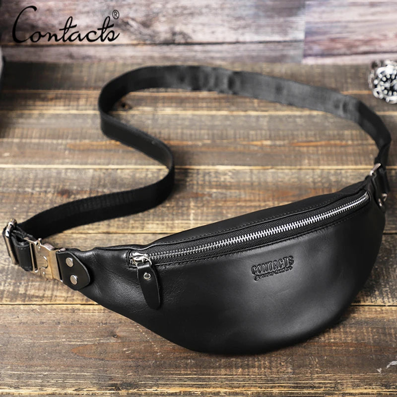 CONTACT'S Men Waist Packs Genuine Leather Travel Fanny Pack For Male Multifunctional Waist Bag 6.7" phone Belt Bag Chest Bag