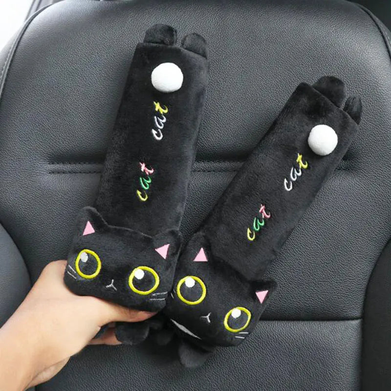 Cartoon Cute Cat Car Neck Pillow Car Headrest Travel Cushion Cat Seatbelt Shoulder Pads Covers Rearview Mirror Cover Accessories