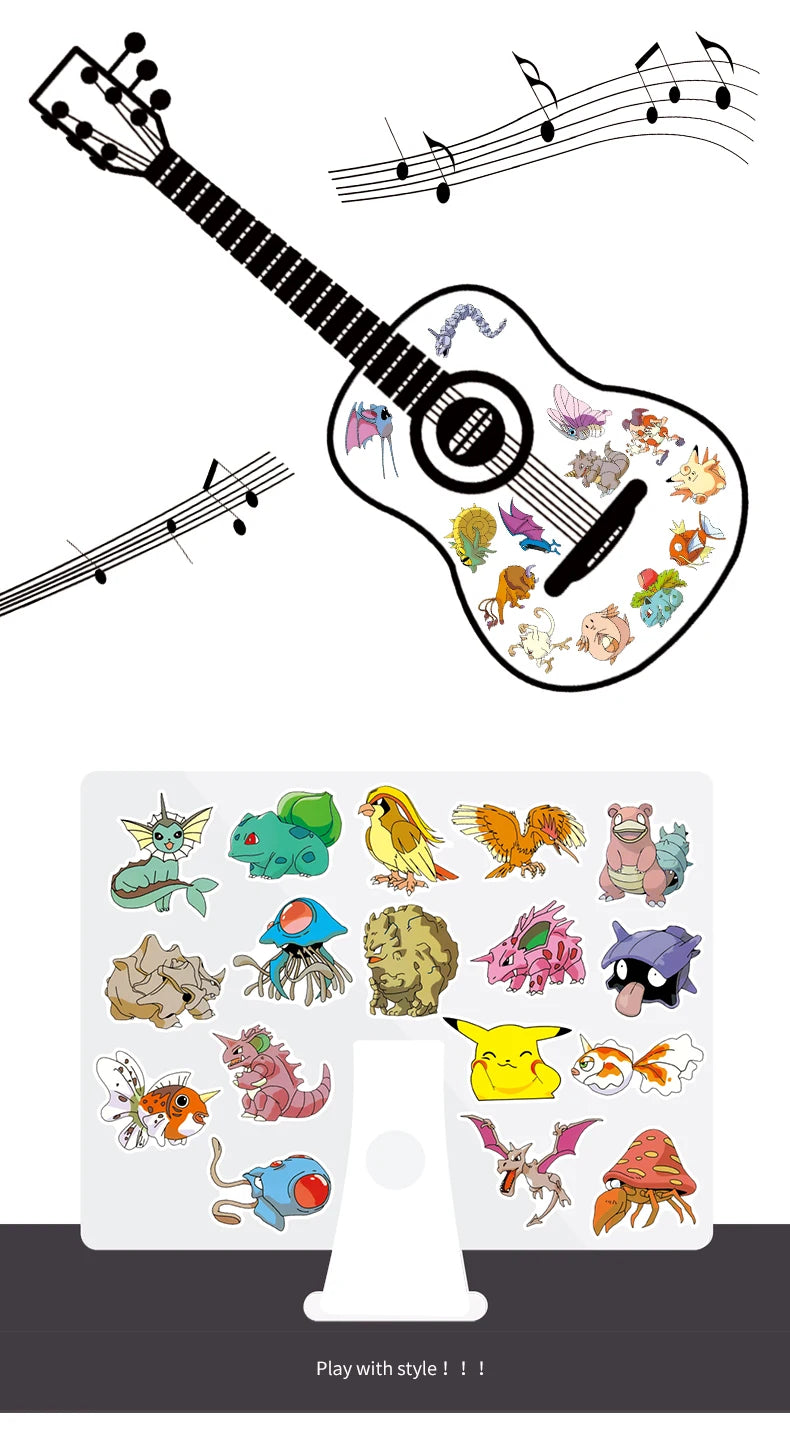 50/100Pcs Pokemon Stickers Kawaii Pikachu Skateboard Bicycle Guitar Laptop Kids Waterproof Stiker Toys