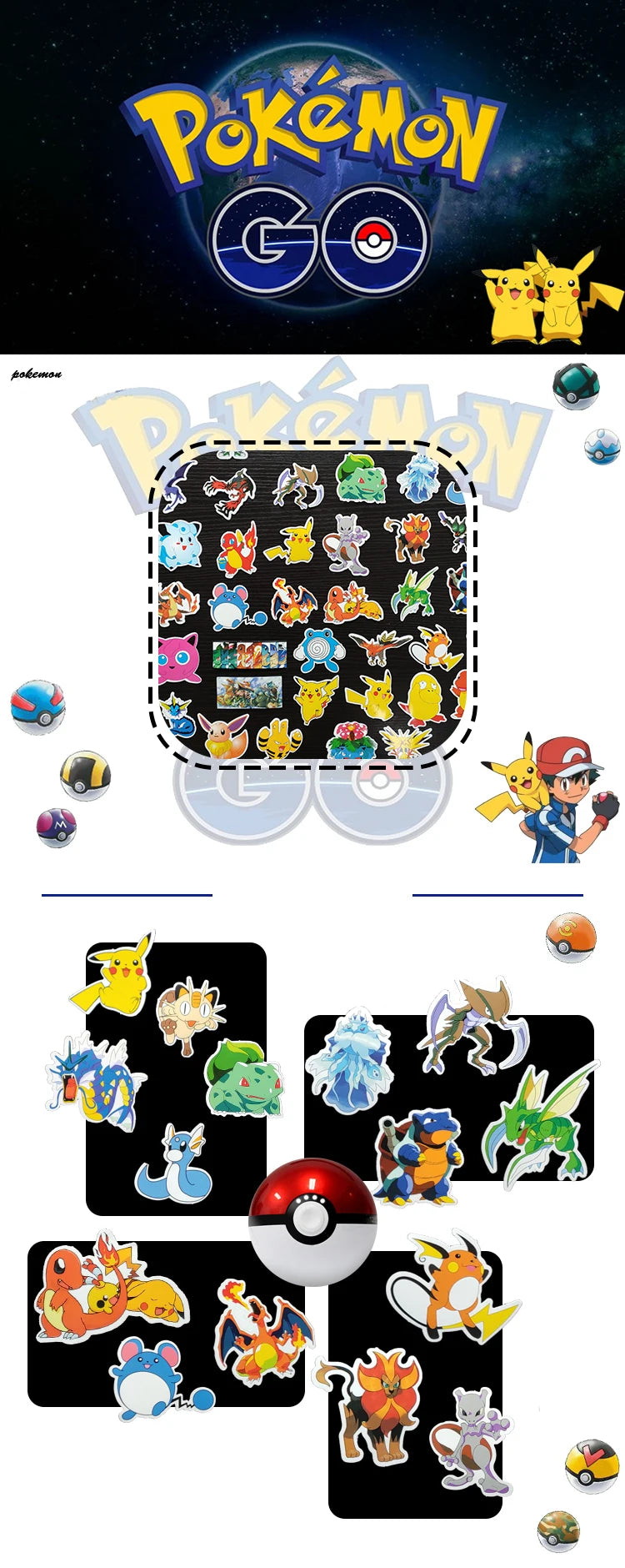 50/100Pcs Pokemon Stickers Kawaii Pikachu Skateboard Bicycle Guitar Laptop Kids Waterproof Stiker Toys