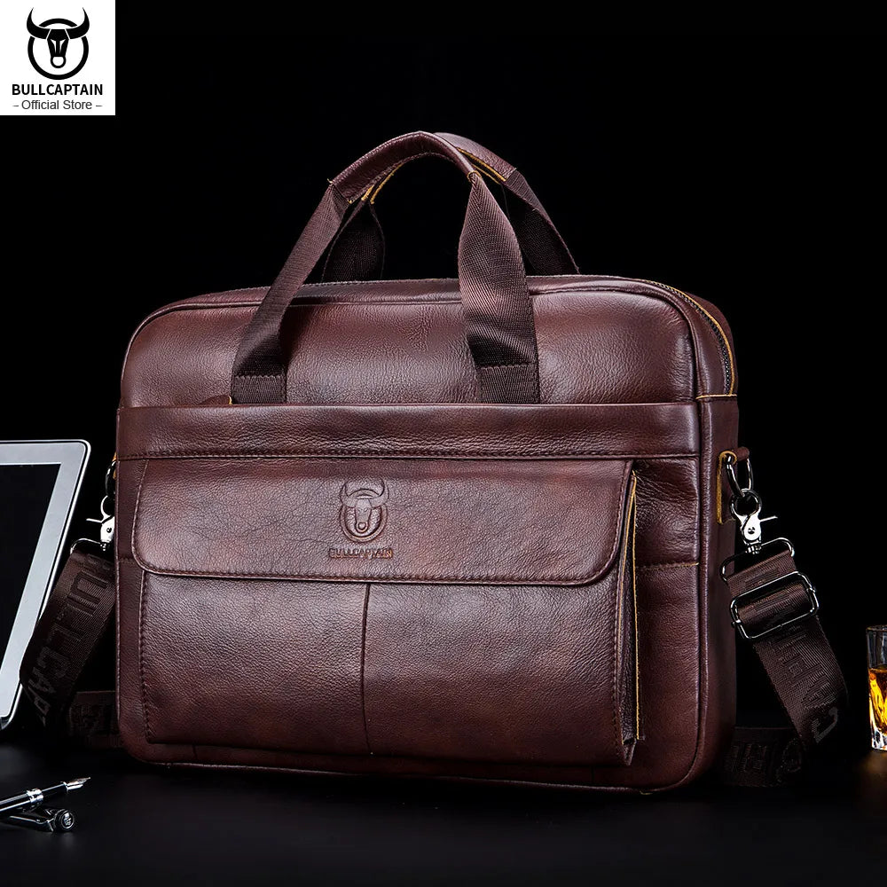 BULLCAPTAIN Men's Bag Genuine Leather Men Briefcase for Laptop 14 Messenger Men's Leather Bag Business Portfolio for Document A4