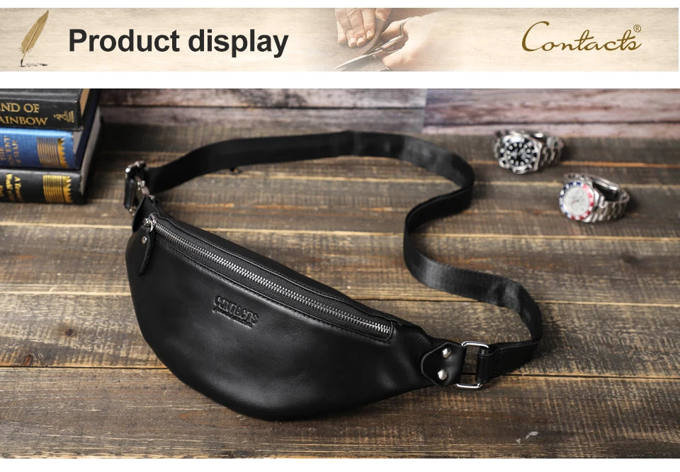 CONTACT'S Men Waist Packs Genuine Leather Travel Fanny Pack For Male Multifunctional Waist Bag 6.7" phone Belt Bag Chest Bag