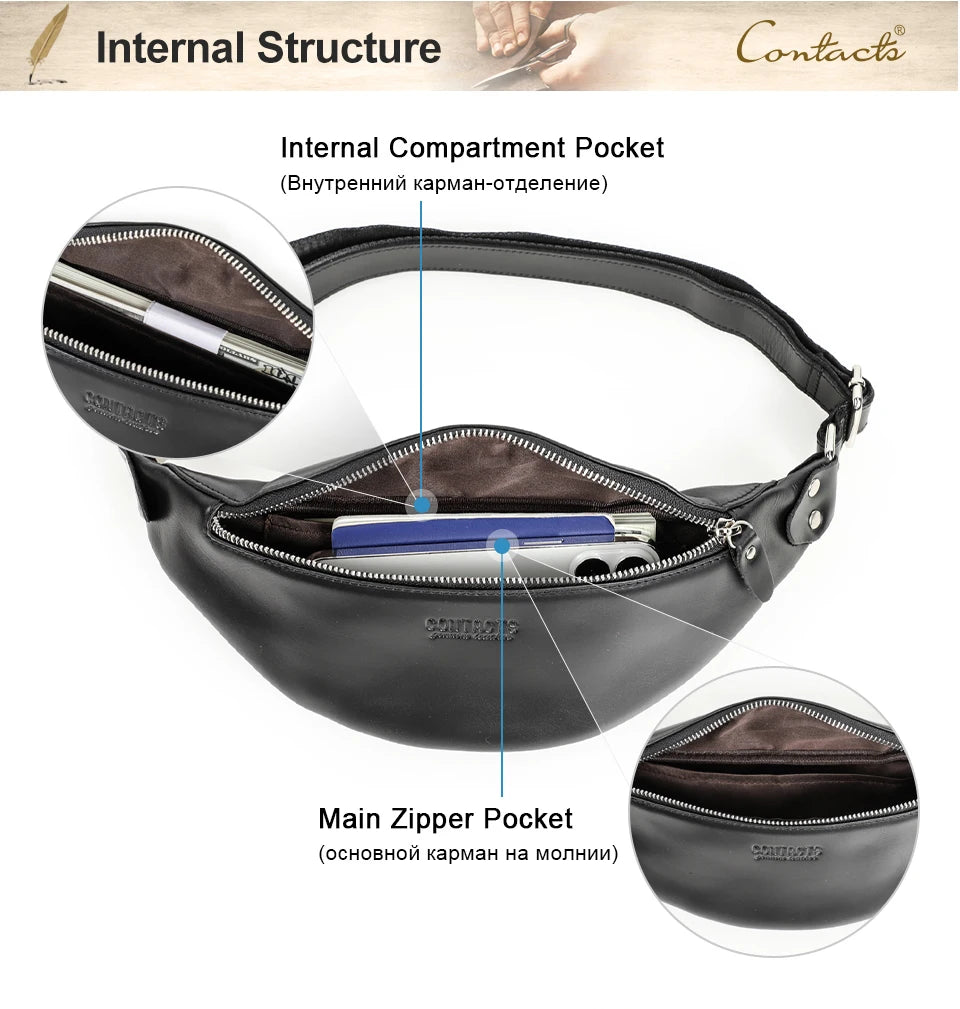 CONTACT'S Men Waist Packs Genuine Leather Travel Fanny Pack For Male Multifunctional Waist Bag 6.7" phone Belt Bag Chest Bag