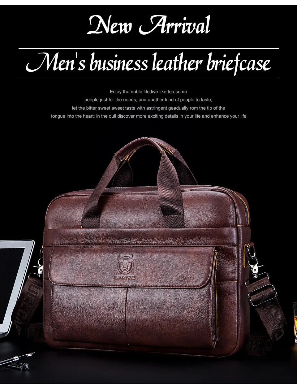 BULLCAPTAIN Men's Bag Genuine Leather Men Briefcase for Laptop 14 Messenger Men's Leather Bag Business Portfolio for Document A4