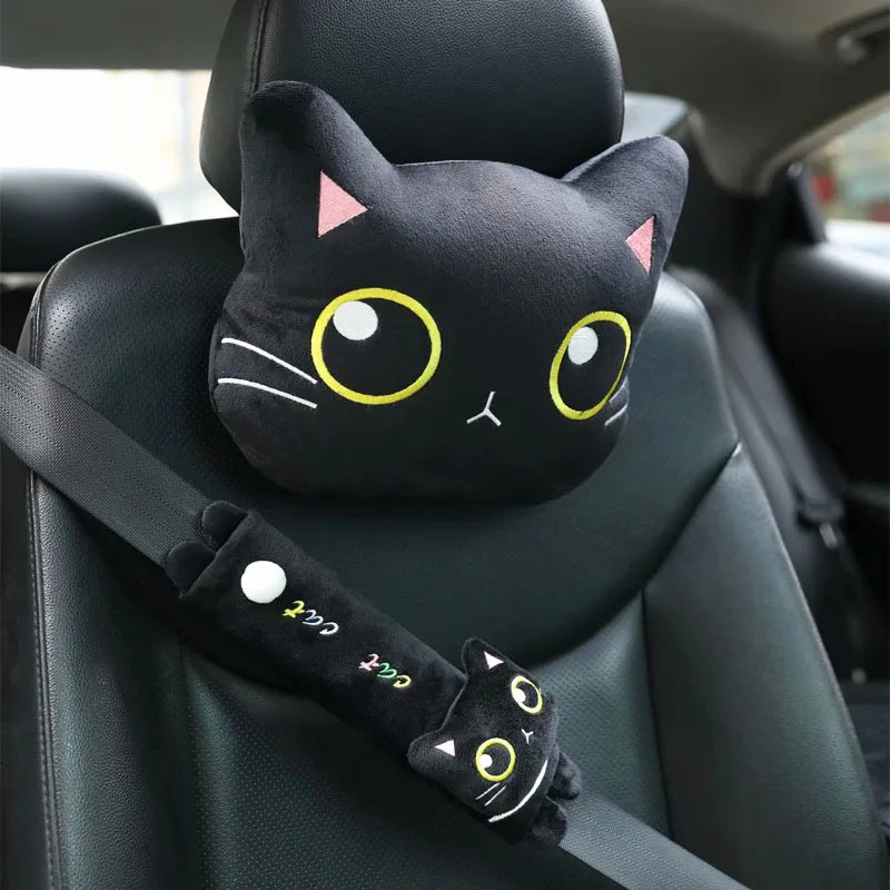 Cartoon Cute Cat Car Neck Pillow Car Headrest Travel Cushion Cat Seatbelt Shoulder Pads Covers Rearview Mirror Cover Accessories