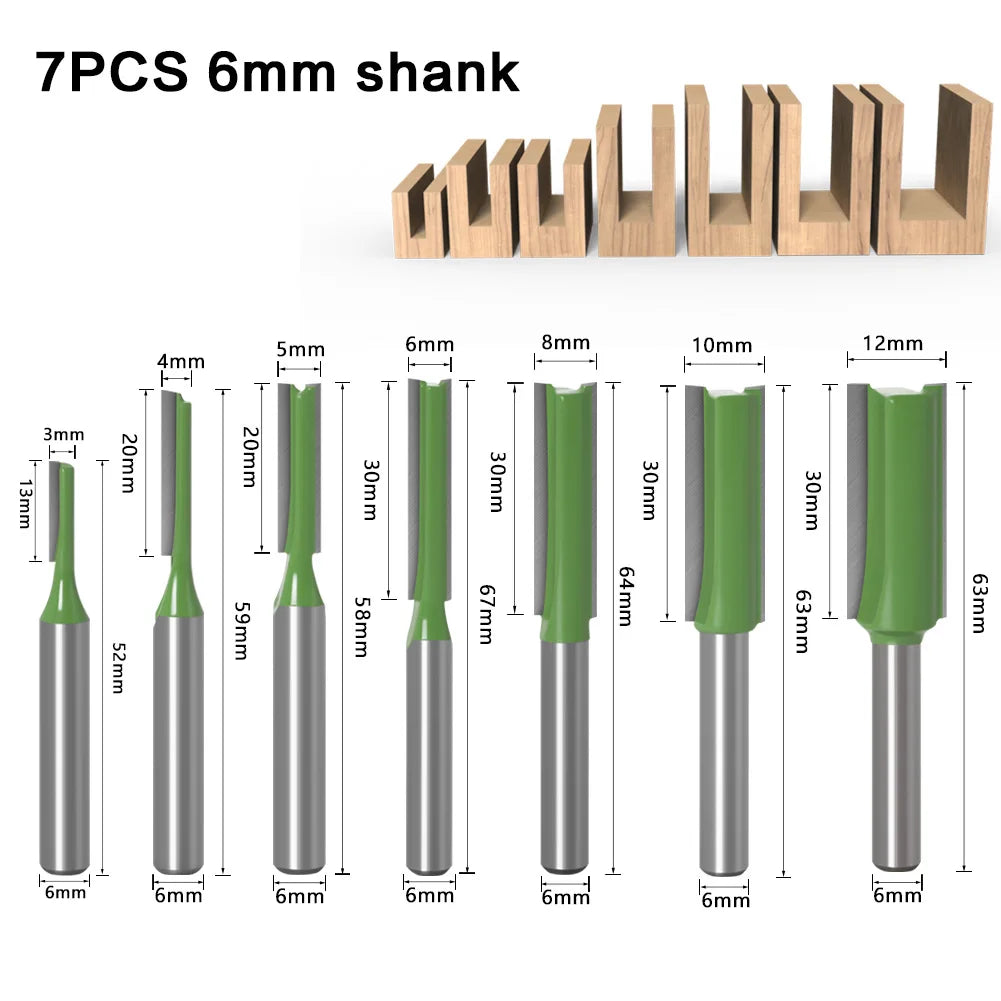 7Pcs 2Flute Clean Straight Bit Woodworking Tools Router Bit Set For Wood Tungsten Carbide Endmill Milling Cutter 1/4" 6mm Shank