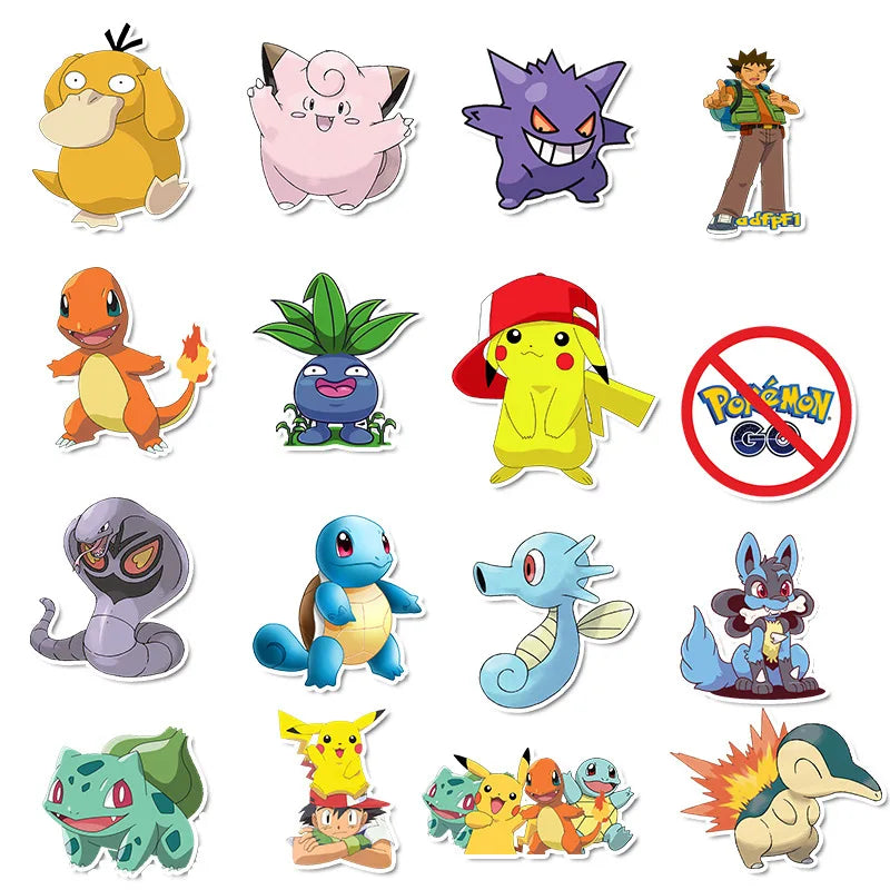 50/100Pcs Pokemon Stickers Kawaii Pikachu Skateboard Bicycle Guitar Laptop Kids Waterproof Stiker Toys