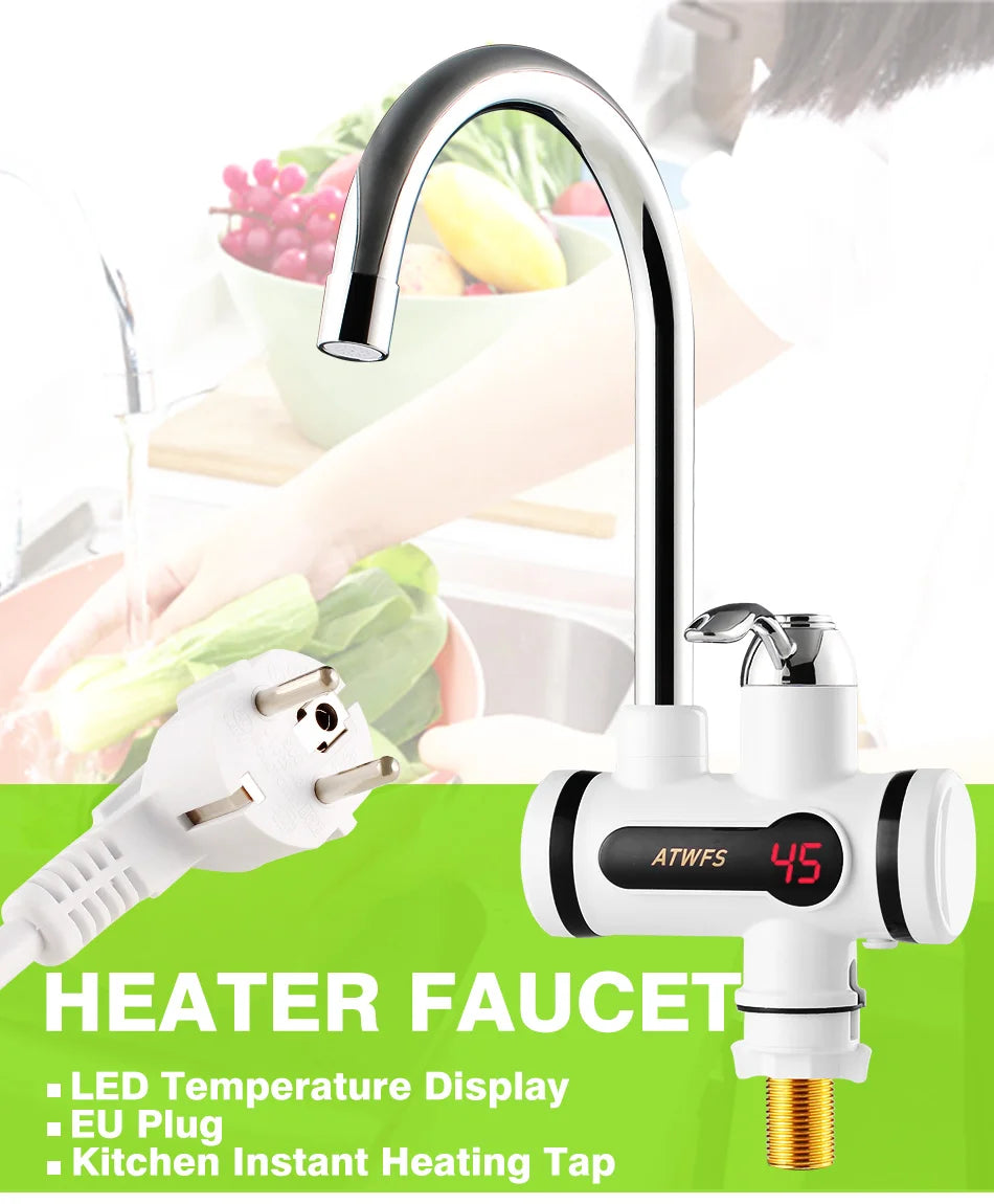 ATWFS Electric Kitchen Water Heater Tap Instant Hot Water Faucet Heater Cold Heating Faucet Tankless Instantaneous Water Heater