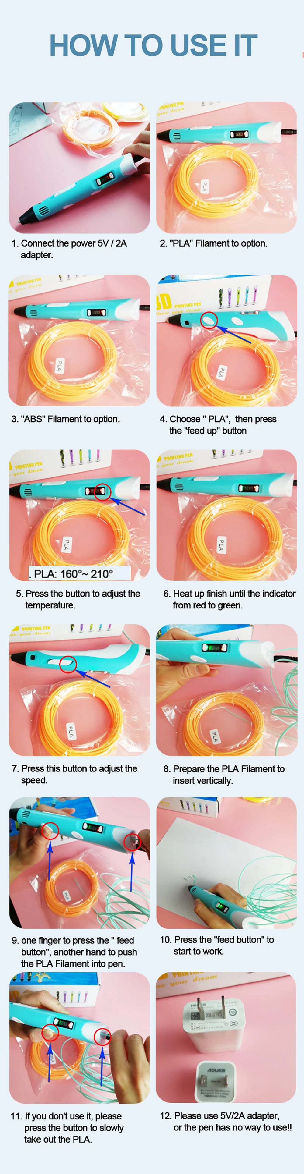 3D Printing Pen Children 3D Pen DIY Drawing Pens PLA Filament Birthday Christmas Boys Girls Gift For Kids With Travel Case