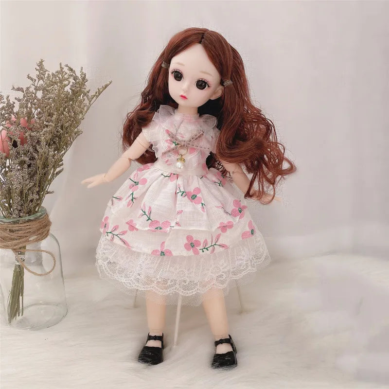 30cm Bjd Doll 12 Moveable Joints 1/6 Girl's Dress 3D Brown Eyes Toy with Clothes Shoes Kids Toys for Girl Children Gift