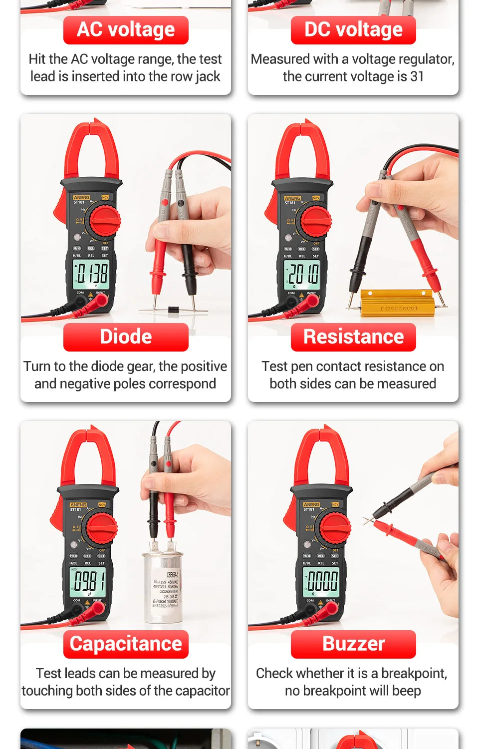 ANENG ST181 Digital Clamp Meter DC/AC Current 4000 Counts Multimeter Ammeter Voltage Tester Car Amp Hz Capacitance NCV Ohm Test