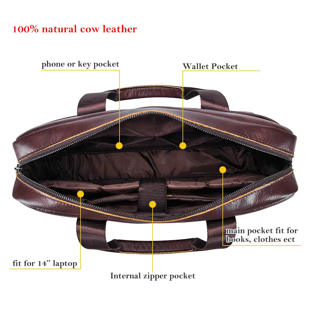 BULLCAPTAIN Men's Bag Genuine Leather Men Briefcase for Laptop 14 Messenger Men's Leather Bag Business Portfolio for Document A4