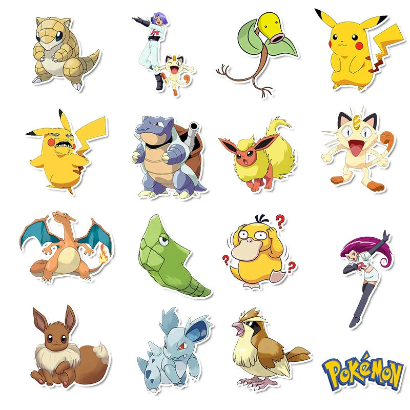 50/100Pcs Pokemon Stickers Kawaii Pikachu Skateboard Bicycle Guitar Laptop Kids Waterproof Stiker Toys