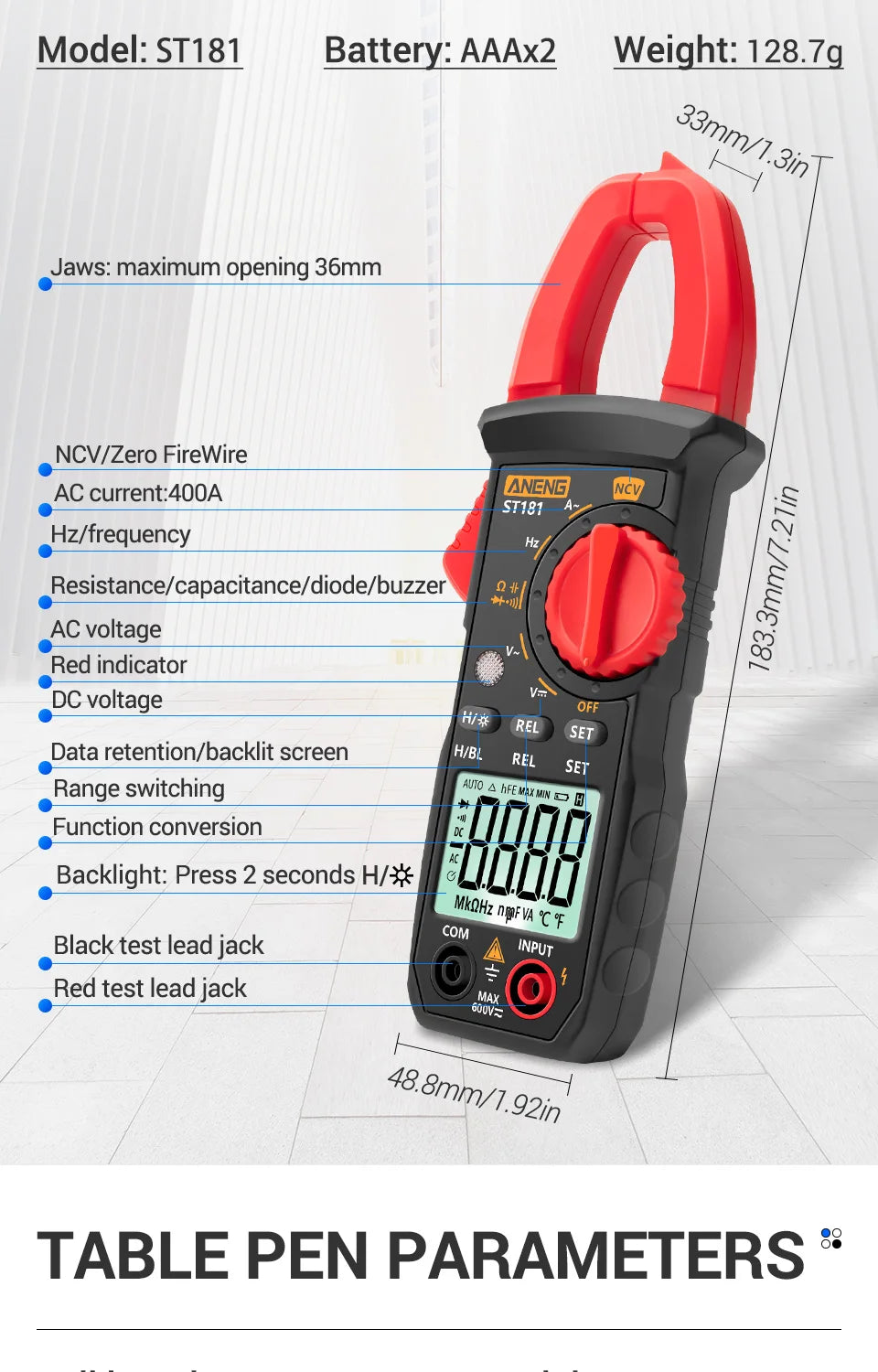 ANENG ST181 Digital Clamp Meter DC/AC Current 4000 Counts Multimeter Ammeter Voltage Tester Car Amp Hz Capacitance NCV Ohm Test