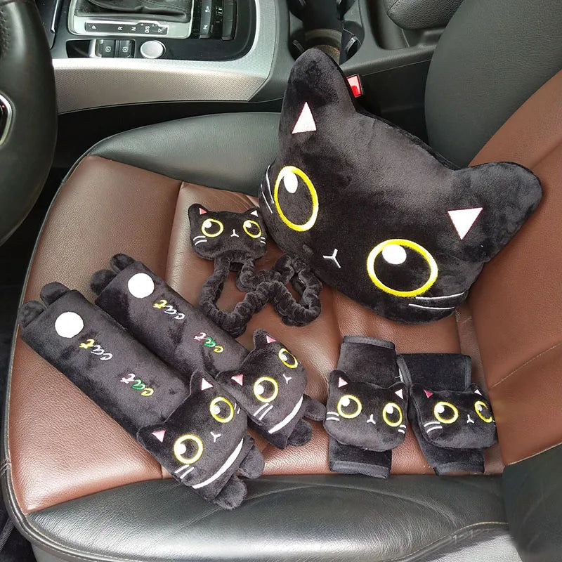 Cartoon Cute Cat Car Neck Pillow Car Headrest Travel Cushion Cat Seatbelt Shoulder Pads Covers Rearview Mirror Cover Accessories