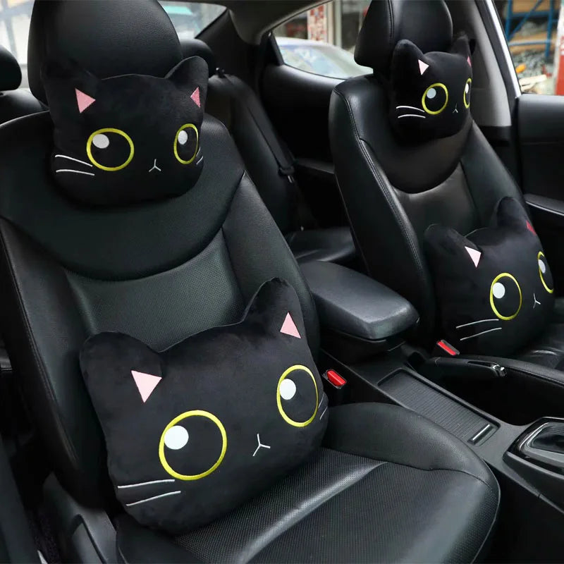 Cartoon Cute Cat Car Neck Pillow Car Headrest Travel Cushion Cat Seatbelt Shoulder Pads Covers Rearview Mirror Cover Accessories