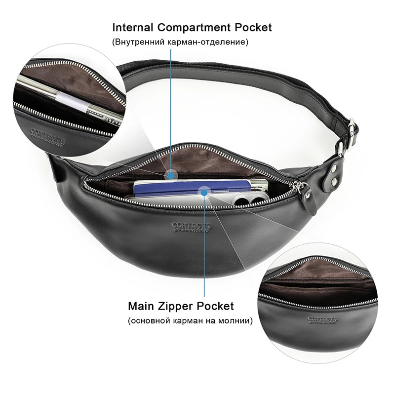 CONTACT'S Men Waist Packs Genuine Leather Travel Fanny Pack For Male Multifunctional Waist Bag 6.7" phone Belt Bag Chest Bag