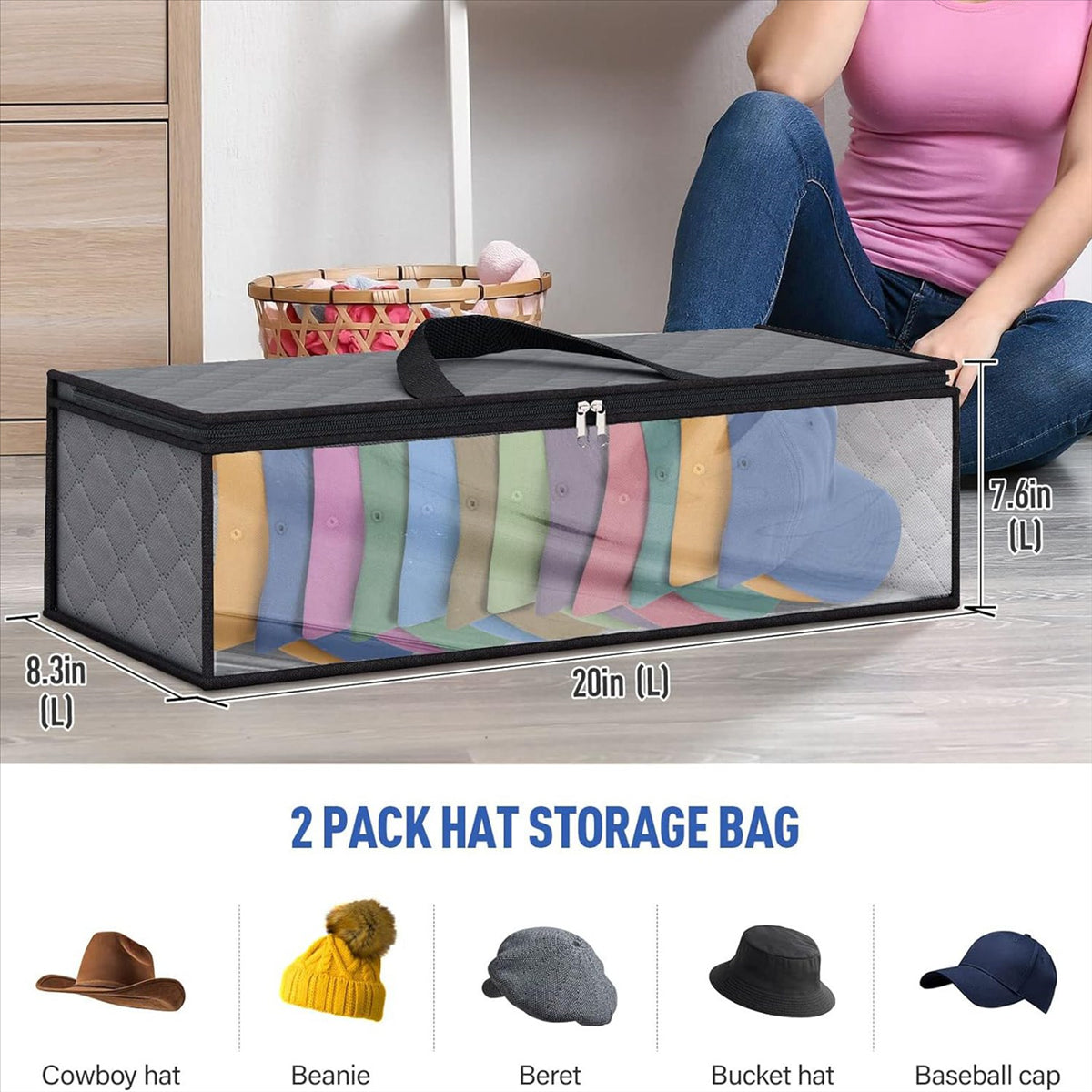 2 Pack Hat Storage Bag for Baseball, Caps Hat Organizer Case Hat Holder Rack with 2 Carry Handles for Closet Moisture