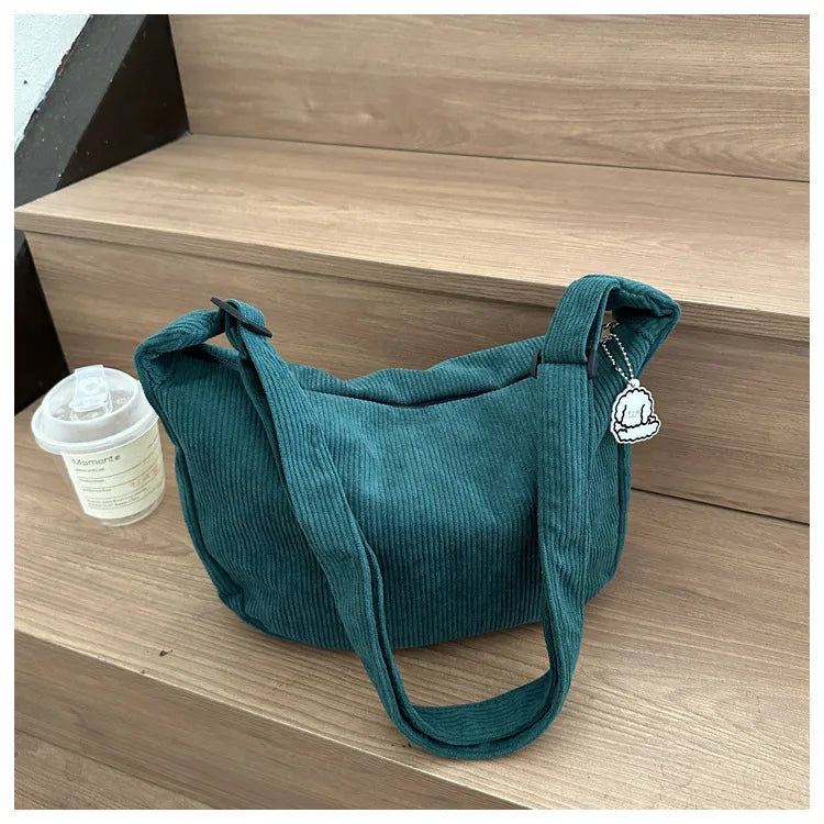 Black Corduroy Bags for Women Japanese Canvas Large Single Shoulder Crossbody Dumpling Bag Student Korean Casual Simple Handbag