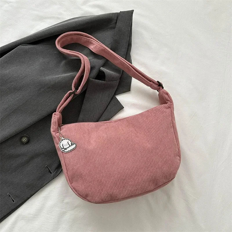 Black Corduroy Bags for Women Japanese Canvas Large Single Shoulder Crossbody Dumpling Bag Student Korean Casual Simple Handbag