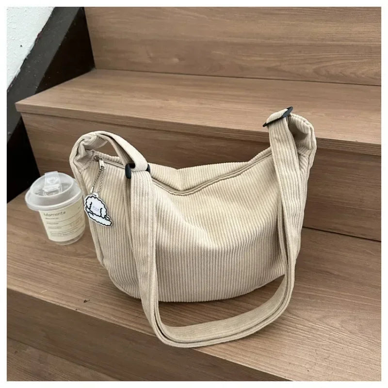 Black Corduroy Bags for Women Japanese Canvas Large Single Shoulder Crossbody Dumpling Bag Student Korean Casual Simple Handbag