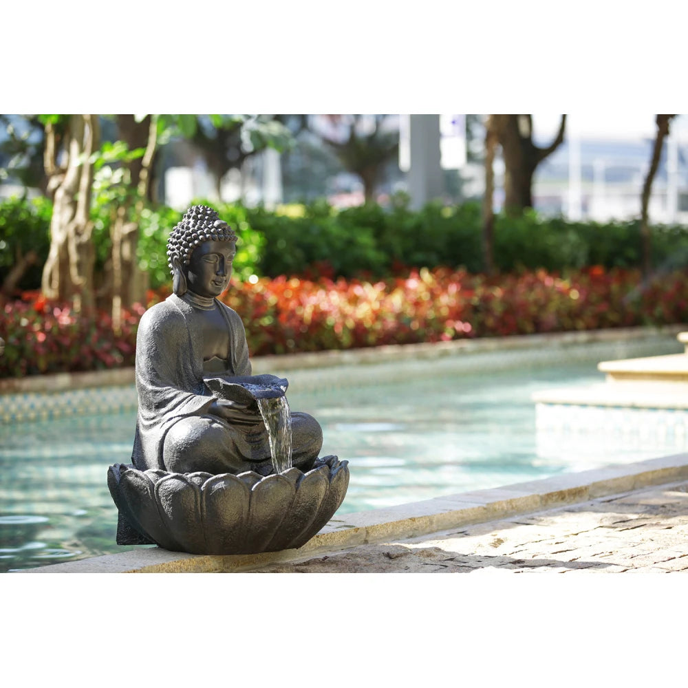 24x20.5x34" Dark Gray Buddha Statue Water Fountain, Indoor Outdoor Polyresin Fountain with Light