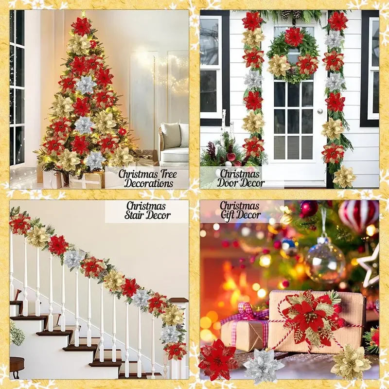 Christmas Glitter Artificial Flowers Christmas Tree Hanging Ornaments Fake Flower for Home 2024 Xmas New Year 2025 Navidad Gift