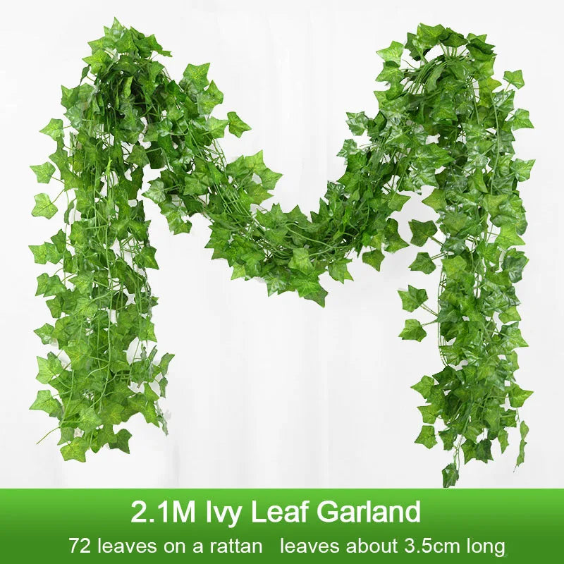 2.1M Artificial Plant Green Ivy Leaf Garland Silk Wall Hanging Vine Home Garden Decoration Wedding Party DIY Fake Wreath Leaves