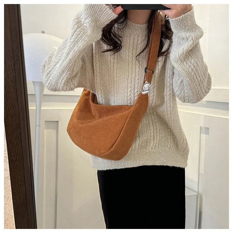 Black Corduroy Bags for Women Japanese Canvas Large Single Shoulder Crossbody Dumpling Bag Student Korean Casual Simple Handbag