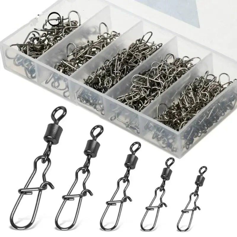 50pc/box Stainless Steel Fishing Connector Pin 4# 6# 8#10#12# Bearing Rolling Swivel with Snap Fishhook Lure Accessories