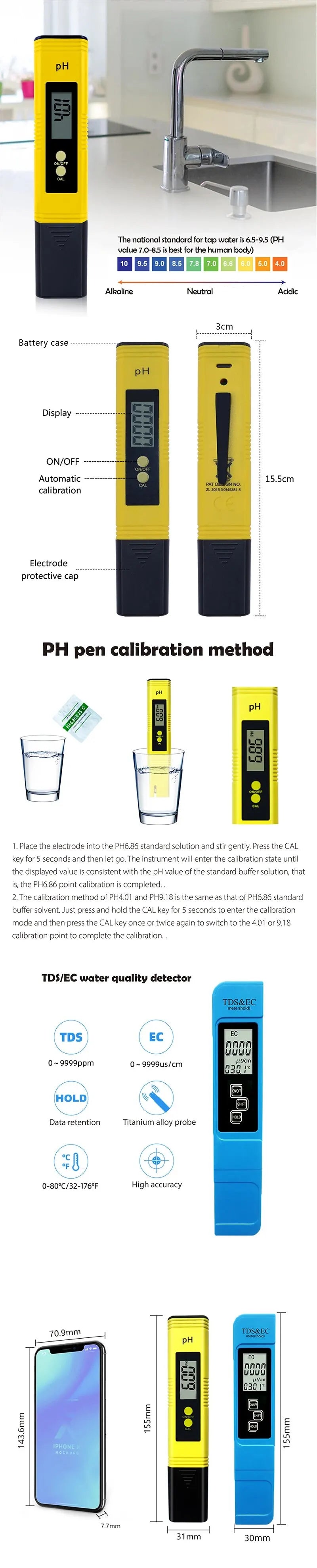 2pcs TDS PH Meter Digital Water Tester 0.01ph High Accuracy PH Meter 0-9990ppm Temperature TEMP PPM Tester