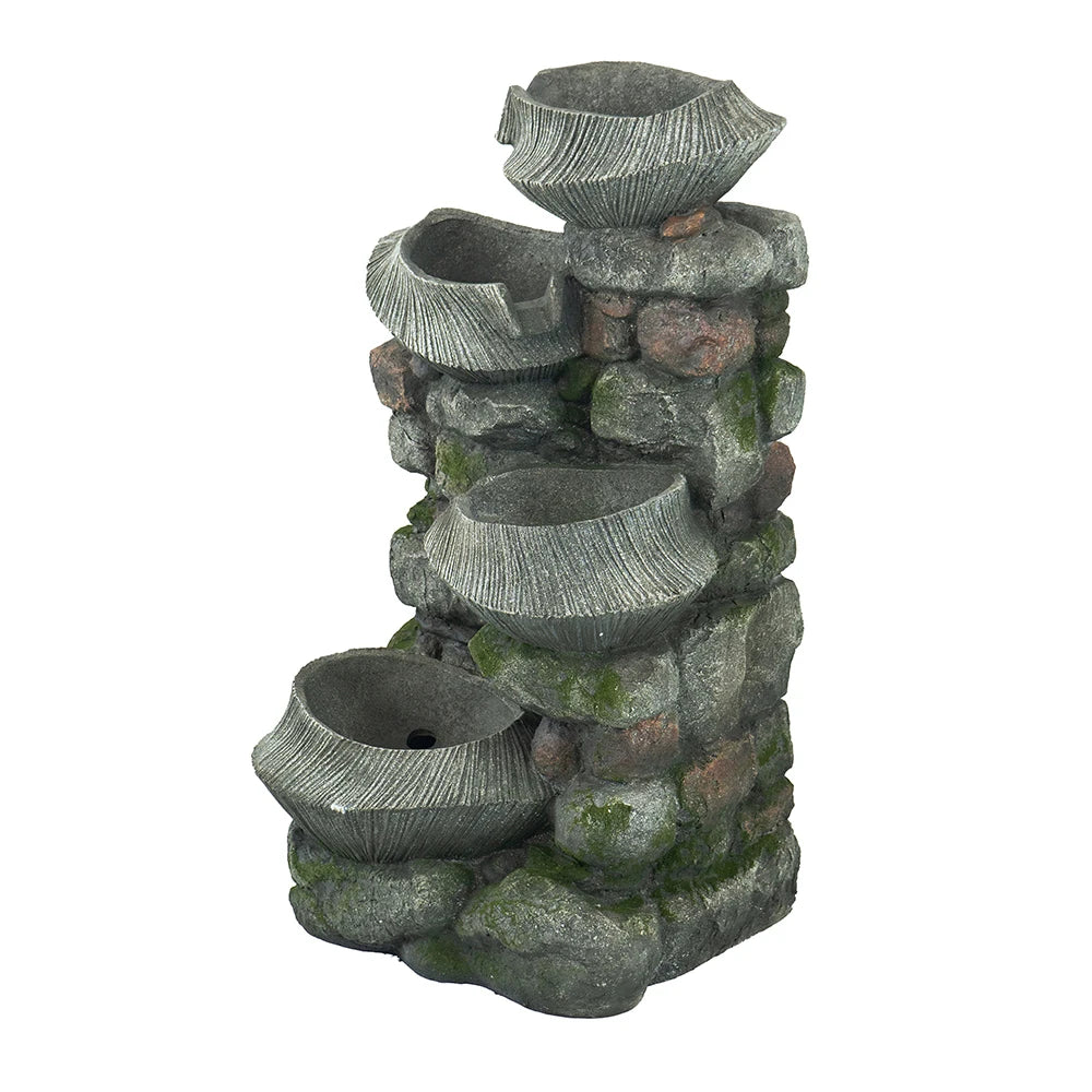 19x15x31.5" Indoor Outdoor Stone Water Fountain,  4-Tier Polyresin Cascading Rock Bowl Freestanding Fountain with LED Ligh