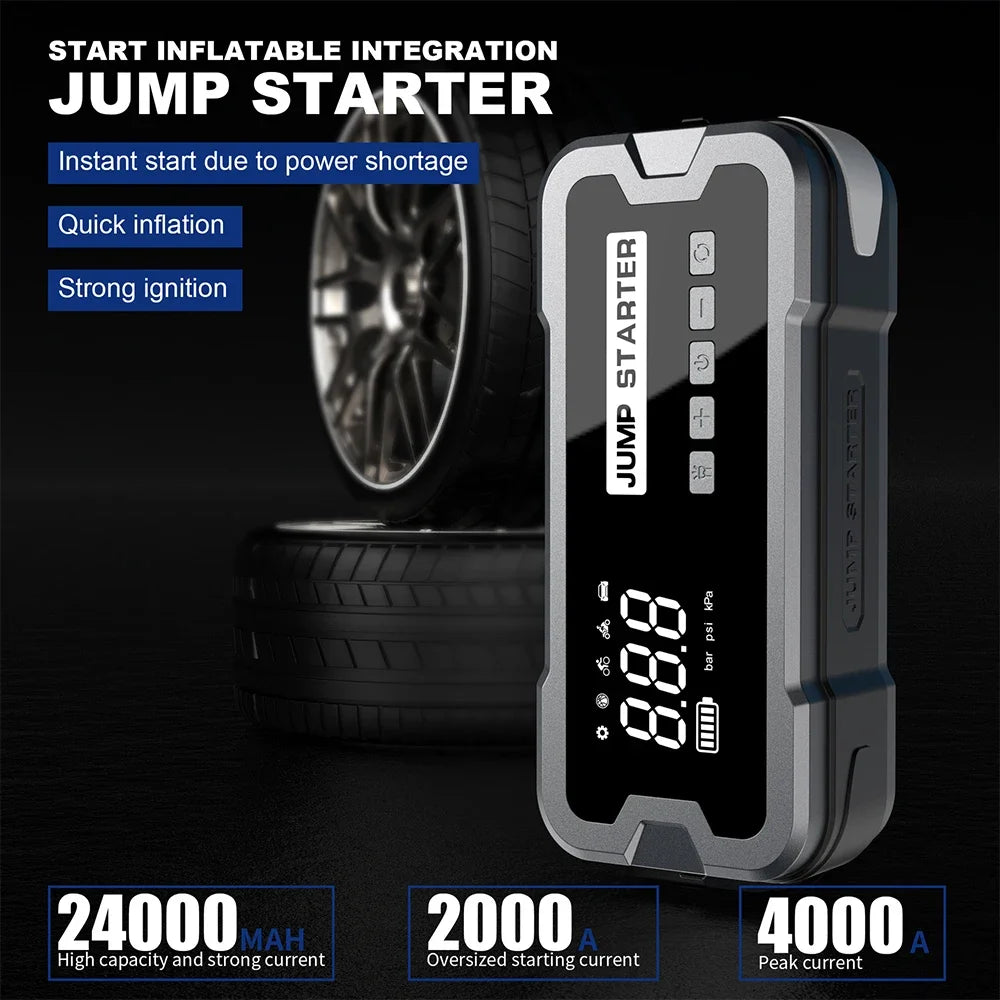 4000A Car Jump Starter Air Pump 25 Cylinder Inflatable Pump with Air Compressor Jumper Box 24000mAh Power Bank Battery Charger