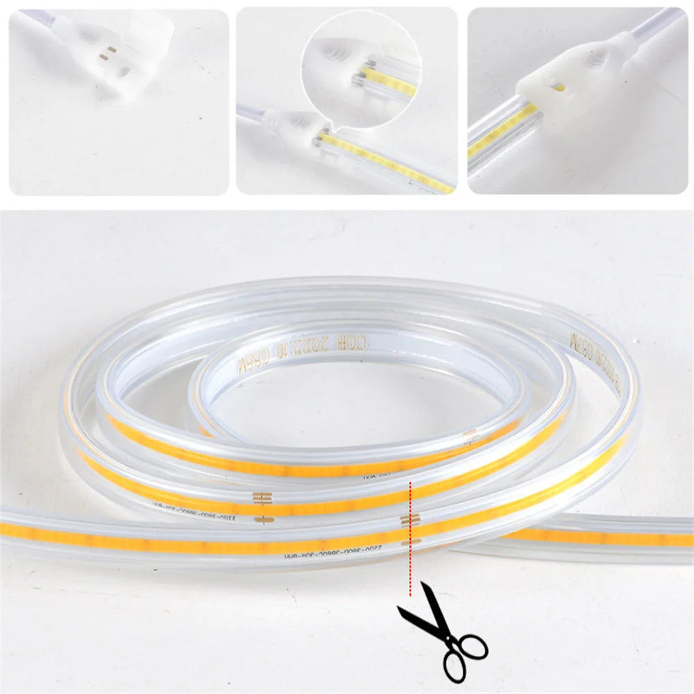 220v Led Ribbon Adhesive High Brightness COB Led Strip for Room Waterproof Led Strip Flexible Ribbon for Outdoor Garden Lighting