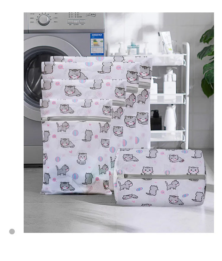 Cartoon Cat Printing Laundry Bag for Washing Machines Lingerie Wash Bags Foldable Dirty Clothes Bag Bra Underwear Laundry Basket