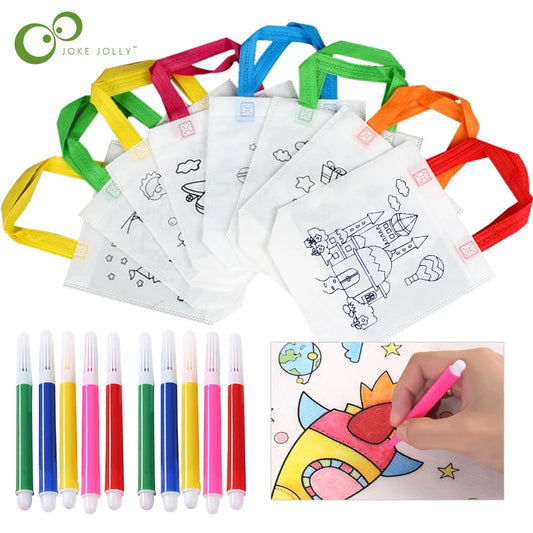 20pcs DIY Graffiti Bag Coloring Markers Handmade Painting Non-Woven Bags for Children Arts Crafts Color Filling Drawing Toy