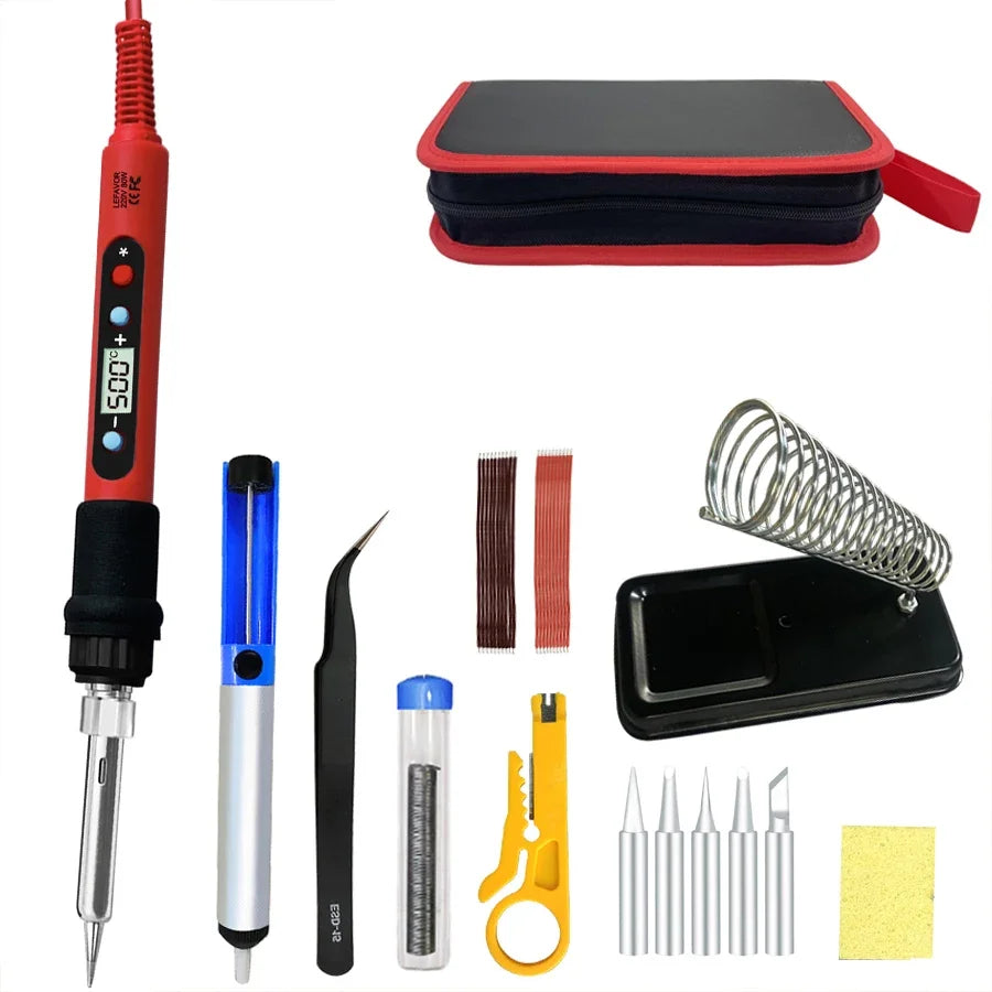 80W Soldering iron kit adjustable temperature LCD solder welding tools Ceramic heater soldering tips Tweezers soldering wire