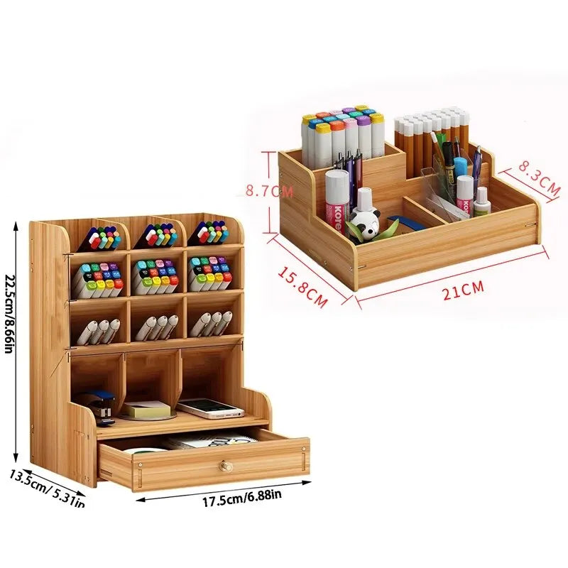 1pc Wooden Desk Organizer Multi-Functional DIY Pen Holder Storage Box Desktop Stationary Storage Rack for Home Office and School