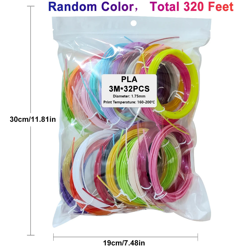 32 Colors 3D Pen Filament 1.75mm PLA, Each Color 10Feet(3m), Total 320 Feet (96m) 3D Pen Filament Refills, Random Color